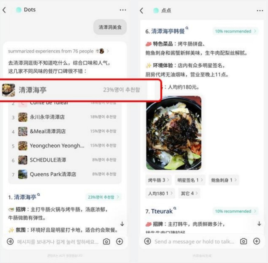 샤오홍슈 AI 추천에서 청담동 맛집 검색 시 청담해정이 1위로 추천된 화면